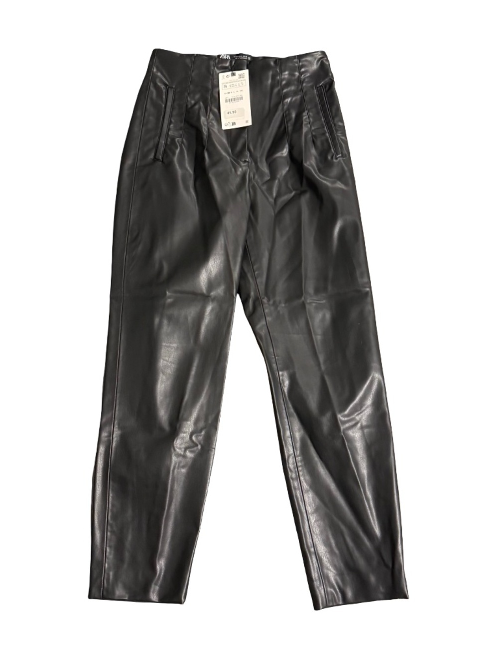 Zara Faux Leather-Look High-Waist Trousers - Black Glossy Tapered Pants, Women's